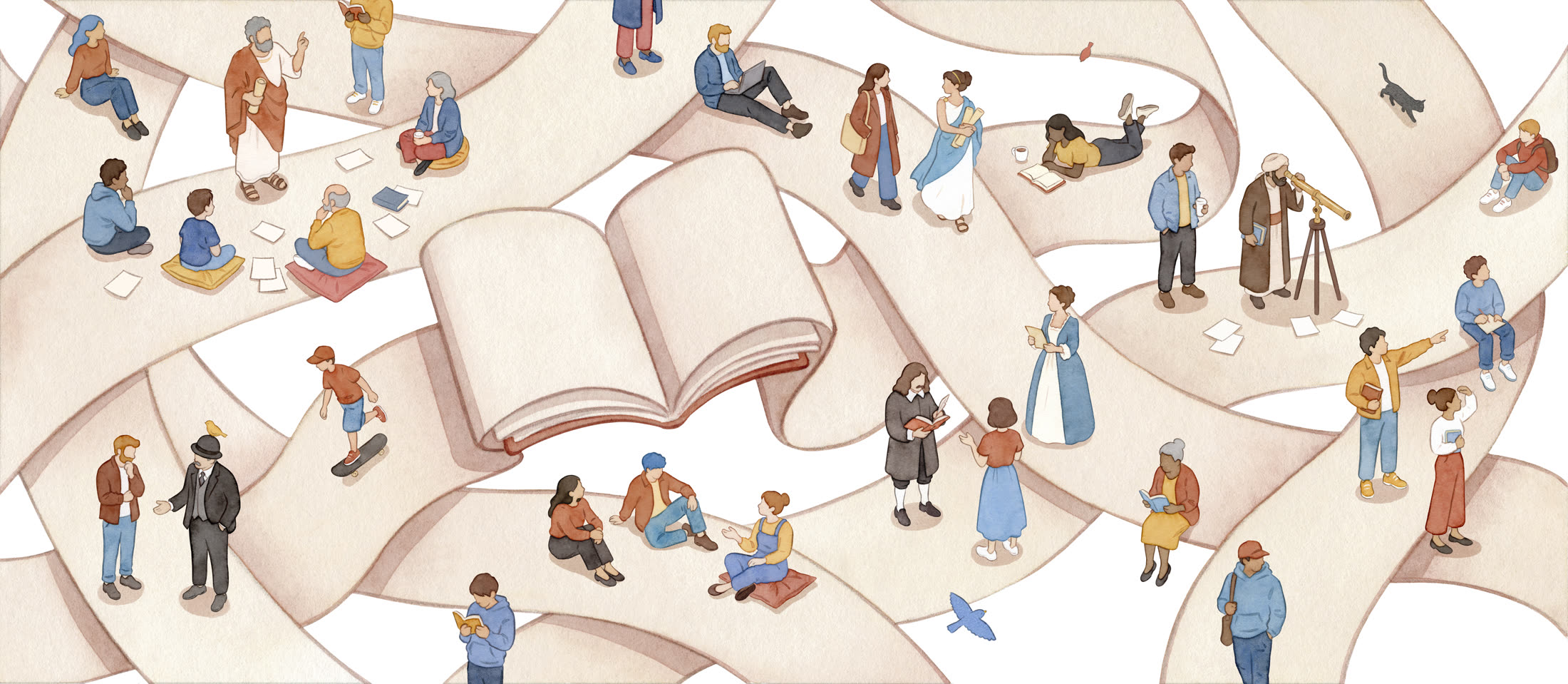 Fresque originale du Manuel Infini : un livre ouvert d'où se déroulent des rubans peuplés de philosophes de toutes les époques et de lecteurs d'aujourd'hui